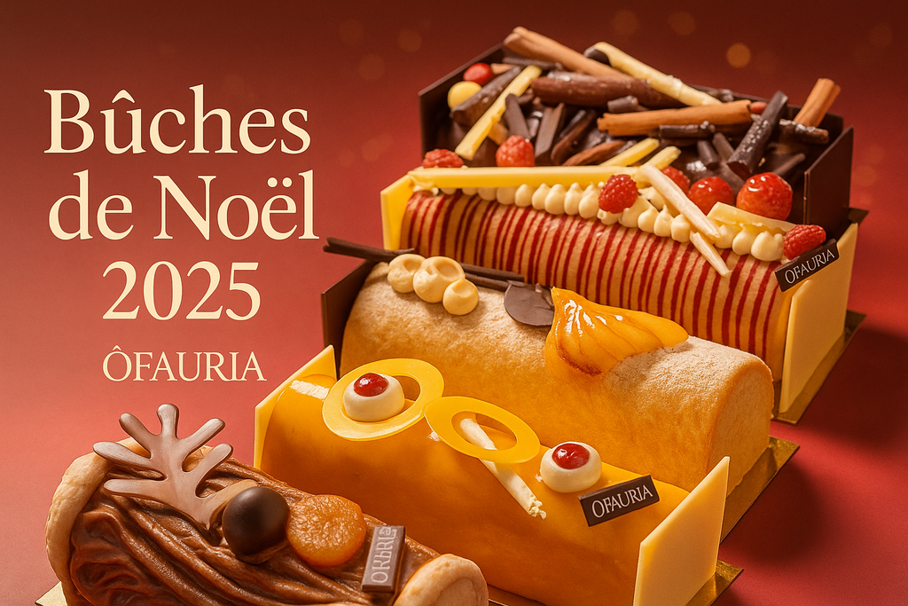 Assortiment de bûches de Noël 2025 ÔFAURIA, pâtisserie artisanale à Laval, ramassage en boutique