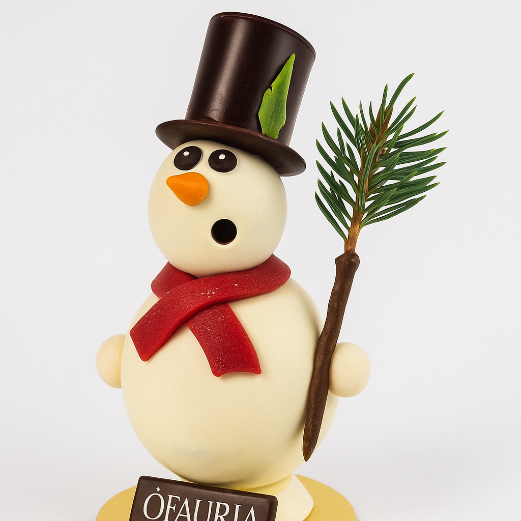 Bonhomme de neige en chocolat d’ÔFAURIA avec chapeau, écharpe rouge et branche de pin