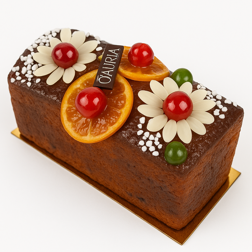 Cake aux fruits confits d’ÔFAURIA décoré d’orange confite, cerises et amandes