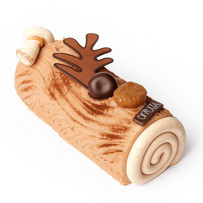 bûche,bûche de noël,bûche marrons,marrons glacés,meringue,biscuit joconde,laval,ofauria,pré-commande,noël 2025,dessert de fête,traditionnelle
