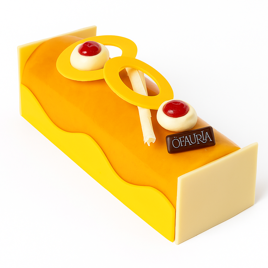 Mousse mangue–passion, cœur framboise, biscuit joconde amande. La bûche fruitée et légère d’ÔFAURIA, en pré-commande à Laval.
