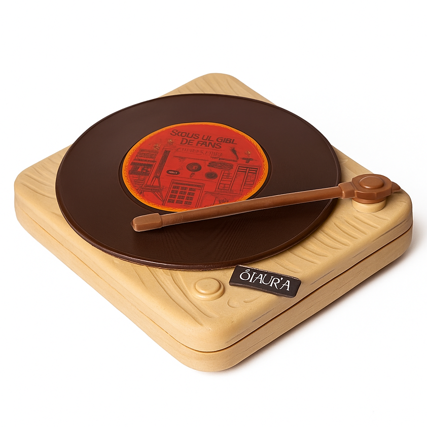 Gâteau de Nouvel An trompe-l’œil “tourne-disque” d’ÔFAURIA. Format 8–10 parts. Pré-commande, pick-up en boutique à la date et l’heure choisies à la commande.