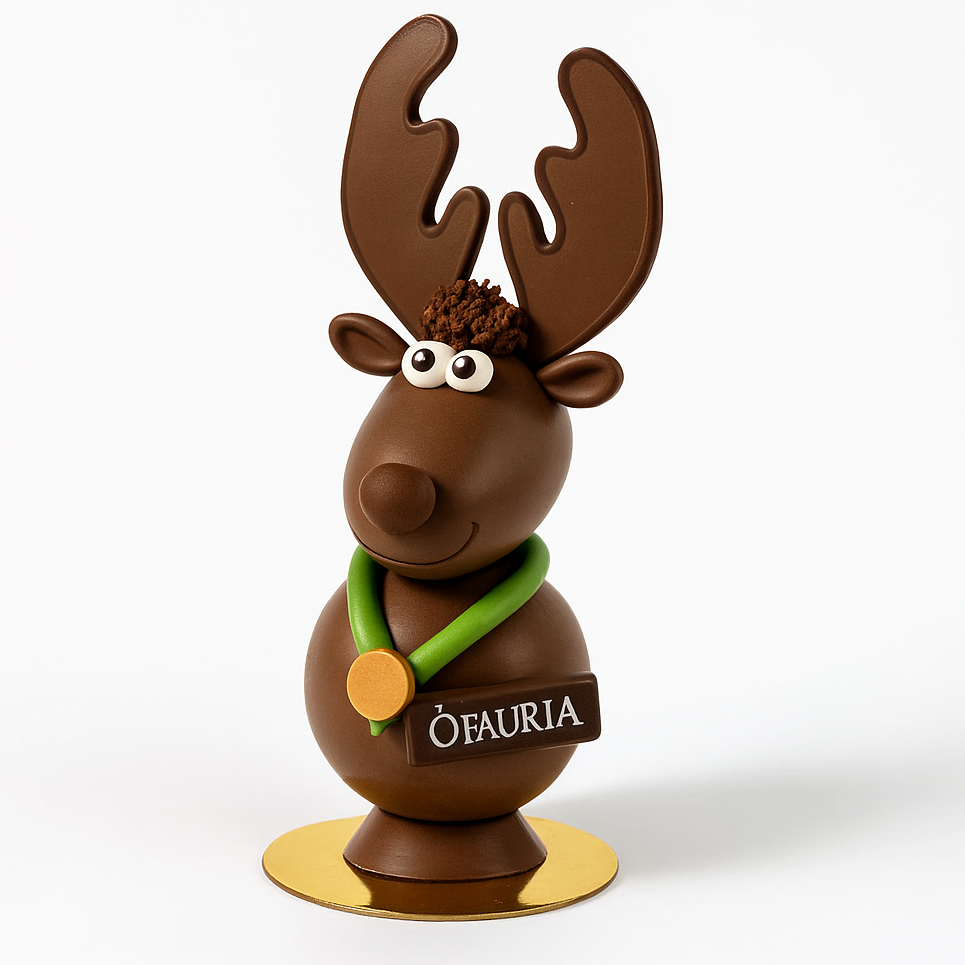 Orignal en chocolat au lait d’ÔFAURIA avec médaille verte sur socle doré