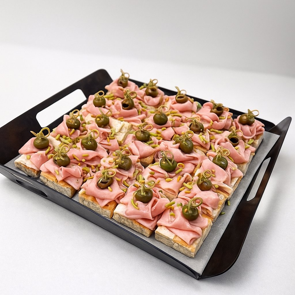 Plateau apéritif ÔFAURIA avec mortadelle, olives vertes et éclats de pistaches sur base de pizza pala artisanale.